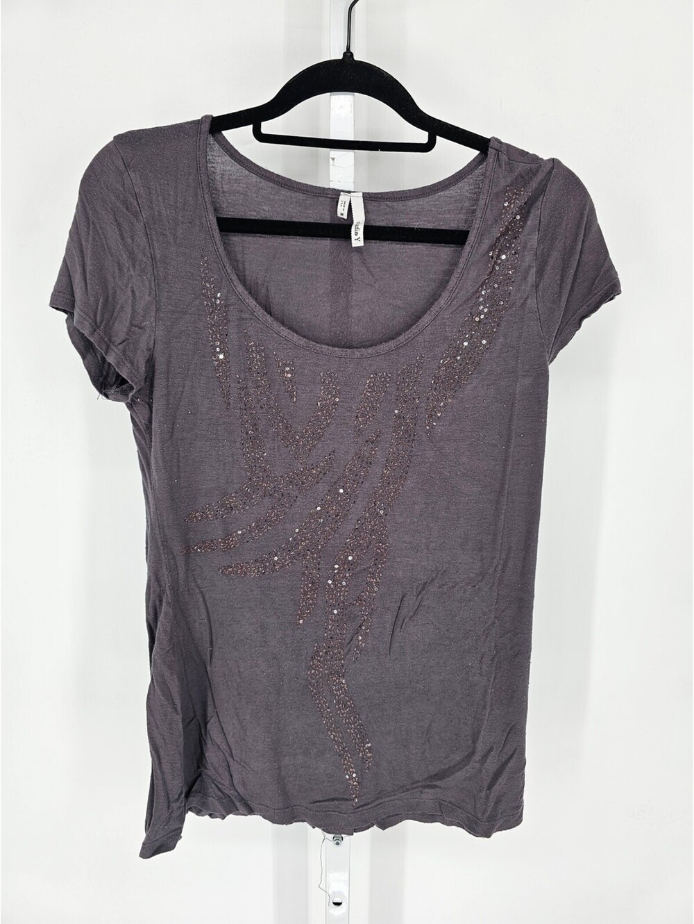 Studio Y Womens Sz M Short SLeeve Embellished T Shirt Gray Silver Studded Y2K